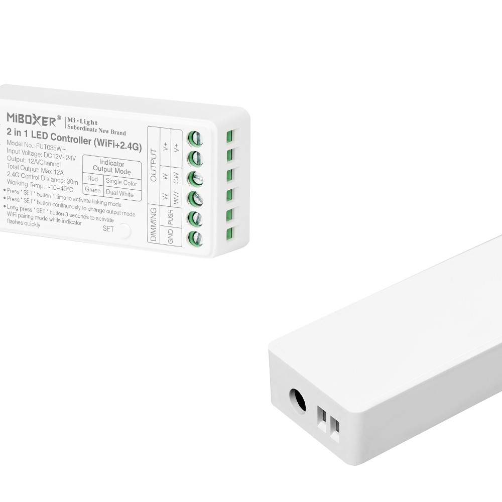 FUT035W+ Tuya WiFi 2in1 Tunable White RF LED Strip Controller - DC12~24V Input FUT035W+ Tuya WiFi 2in1 Tunable White RF LED Strip Controller - DC12~24V Input